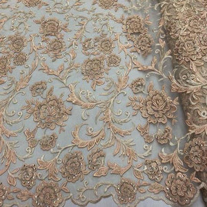 Blush Peach Beaded Floral Embroidery Lace Fabric