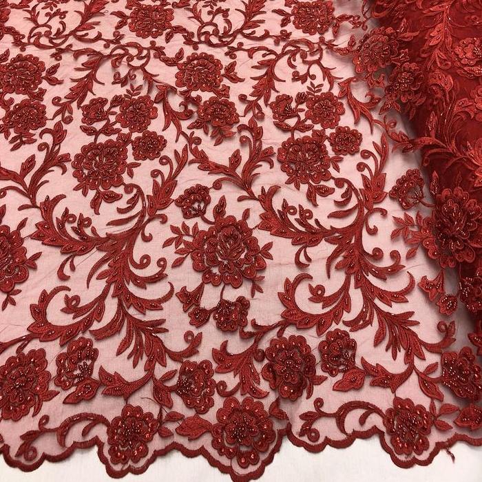 Mesh Fabric Red Beaded Fabric Red Beaded Floral Embroidery Lace