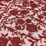 Red Beaded Floral Embroidery Lace Fabric