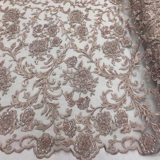 Blush Beaded Floral Embroidery Lace Fabric