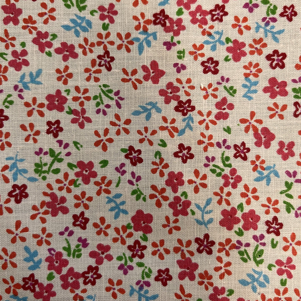 Blue Red Mini Flower on White Poly Cotton Fabric