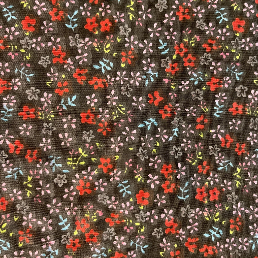 Blue Red Mini Flower on Black Poly Cotton Fabric