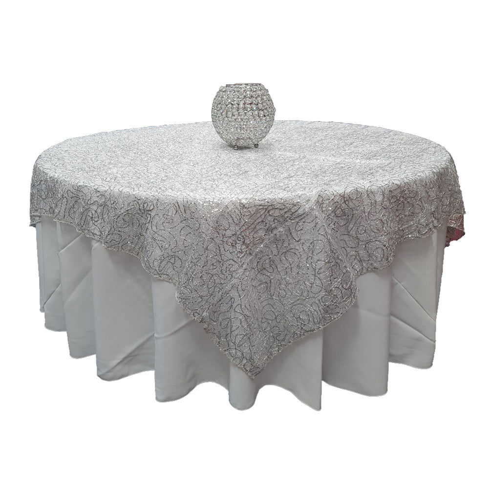 Silver Spider Mesh Sequin Overlay Tablecloth 85" x 85"