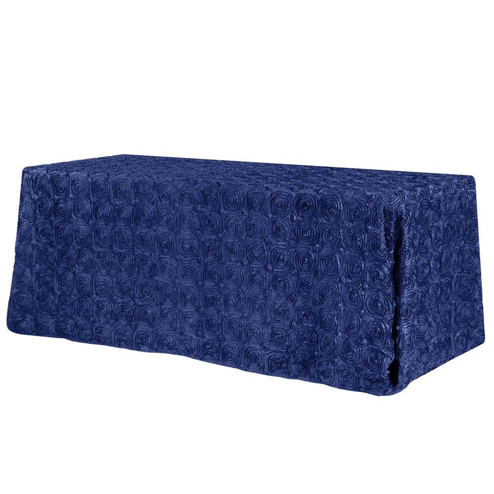 Navy Blue Rosette 3D Satin Rectangular Tablecloth 90" x 132"