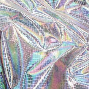 Silver Nuevo iridescent Holographic Embossed Crocodile Vinyl Fabric