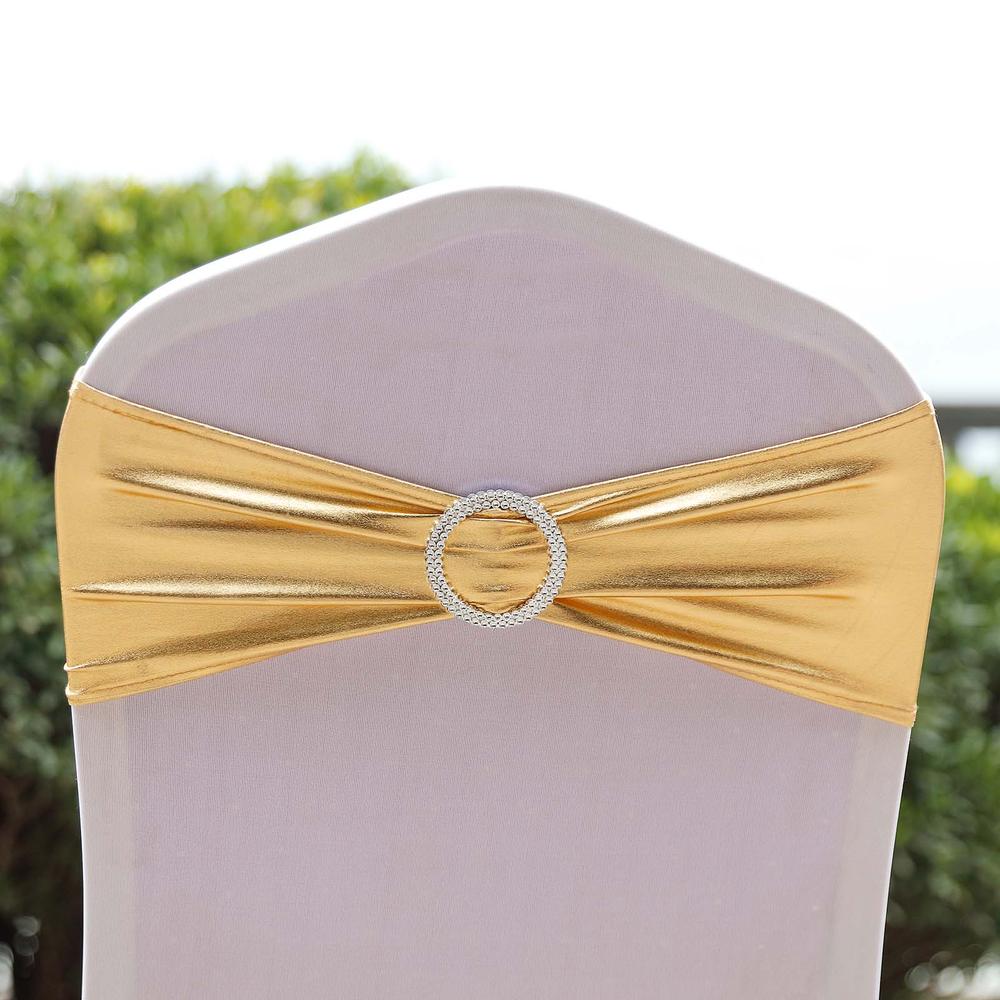 (12 / Pack) Metallic Gold Spandex Chair Sashes With Attached Round Diamond Buckles