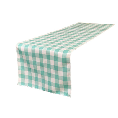 (4 / Pack ) 14 in. x 100 in. White and Mint Polyester Gingham Checkered Table Runner