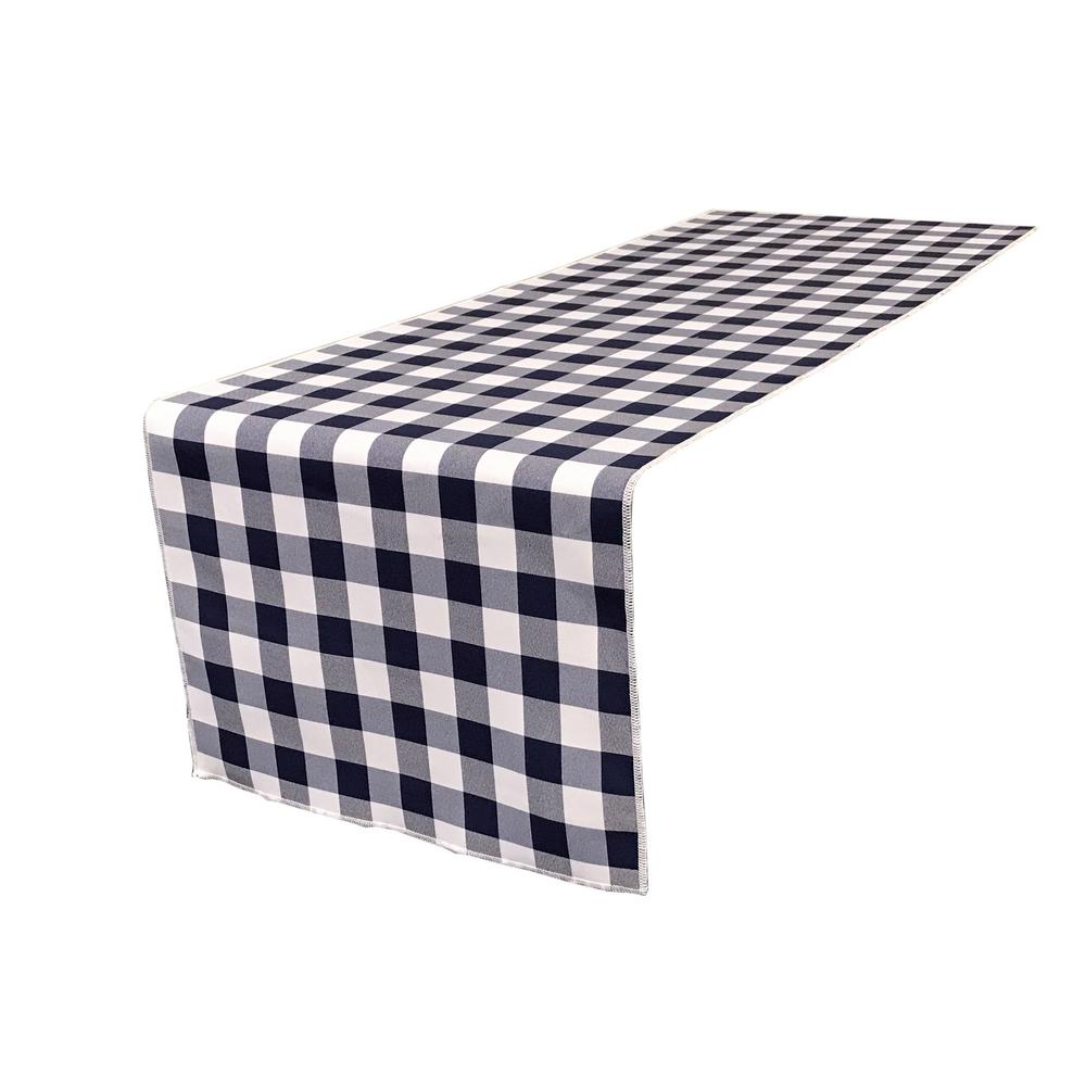 (4 / Pack ) 14 in. x 100 in. White and Navy Blue Polyester Gingham Checkered Table Runner