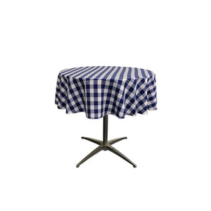 51" White Navy Blue Checkered Polyester Round Tablecloth