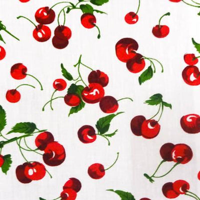 Cherry Fruit White Poly Cotton Fabric