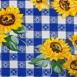 Sunflowers on Blue Checkered Poly Cotton Fabric
