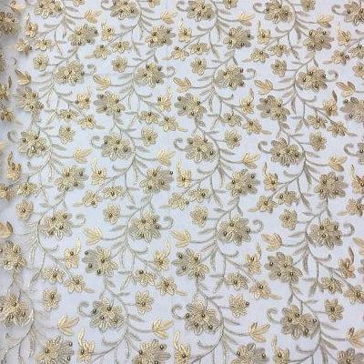 Gold Orchid Pearl Floral Embroidered Lace Fabric