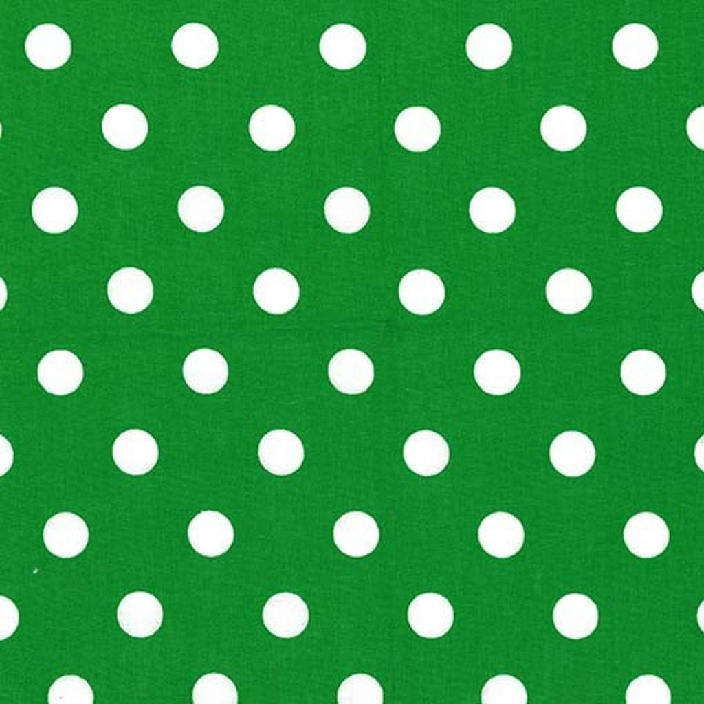1" One Inch White Polka Dot on Green Poly Cotton Fabric