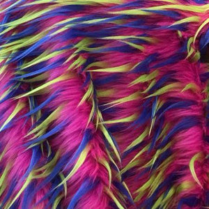 Lime Blue on Fuschia Three Tone Spiked Faux Fur Fabric