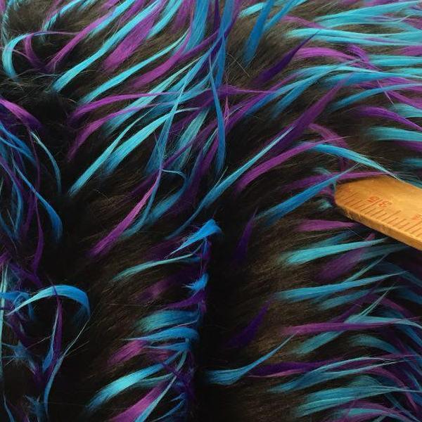 Turquoise Purple on Black Three Tone Spiked Faux Fur Fabric