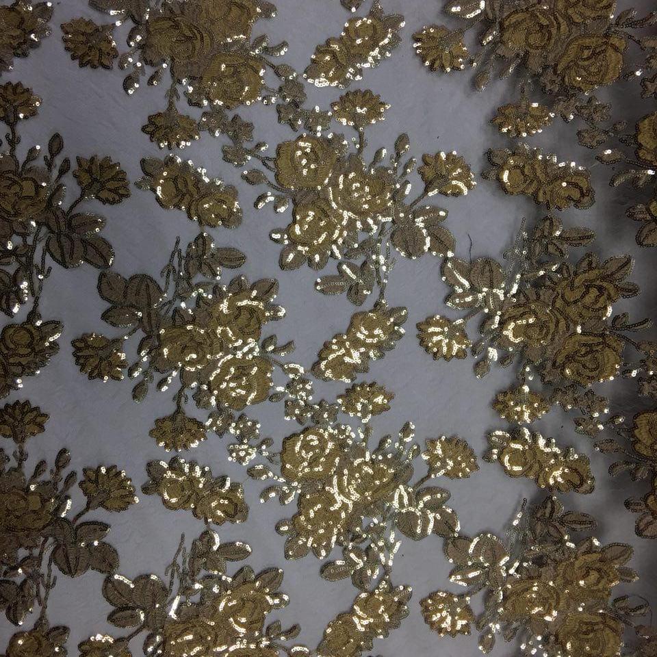 Gold Peach Roses 2 Tone Sequins Lace Fabric