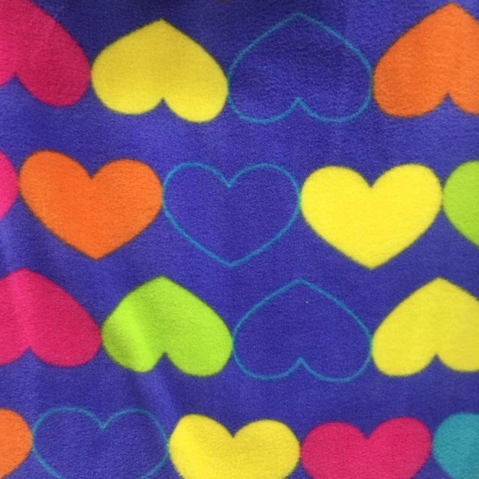 lime Yellow Orange Hearts on Blue Anti Pill Fleece Fabric