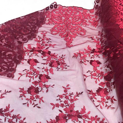 Burgundy Motif Lace Fabric