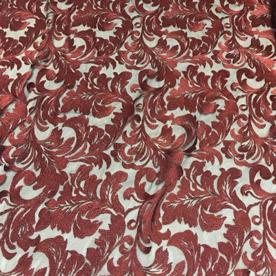 Burgundy Damask Pattern Lace Fabric