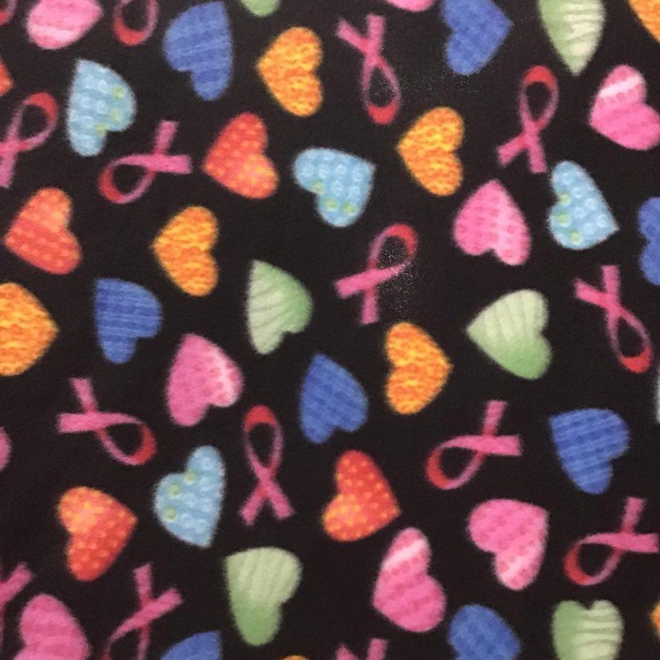 Pink Ribbon Cancer Colored Heart on Black Checkered Anti Pill Fleece Fabric