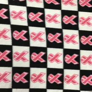 Pink Ribbon Cancer on Black White Checkered Anti Pill Fleece Fabric