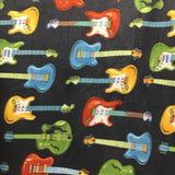 Rock star Colored Guitars on Black Anti Pill Fleece Fabric