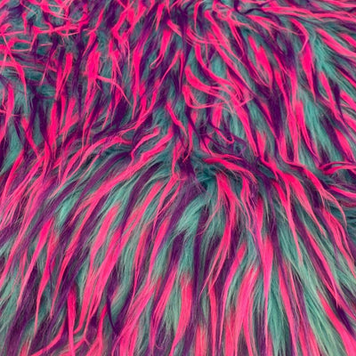Fuchsia Purple on Turquoise Three Tone Spiked Faux Fur Fabric