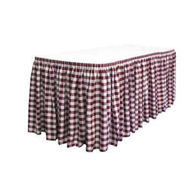 14 Ft. x 29 in. White and Burgundy Accordion Pleat Checkered Polyester Table Skirt