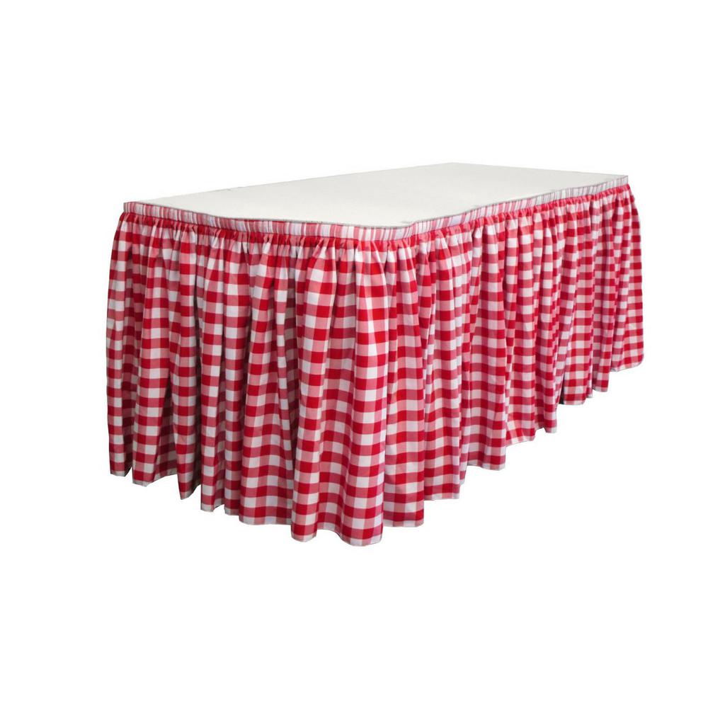 14 Ft. x 29 in. White and Red Accordion Pleat Checkered Polyester Table Skirt