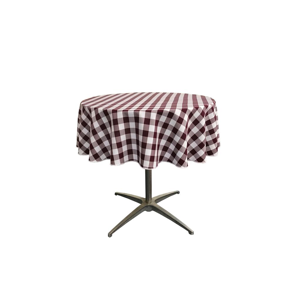 51" White Burgundy Checkered Polyester Round Tablecloth