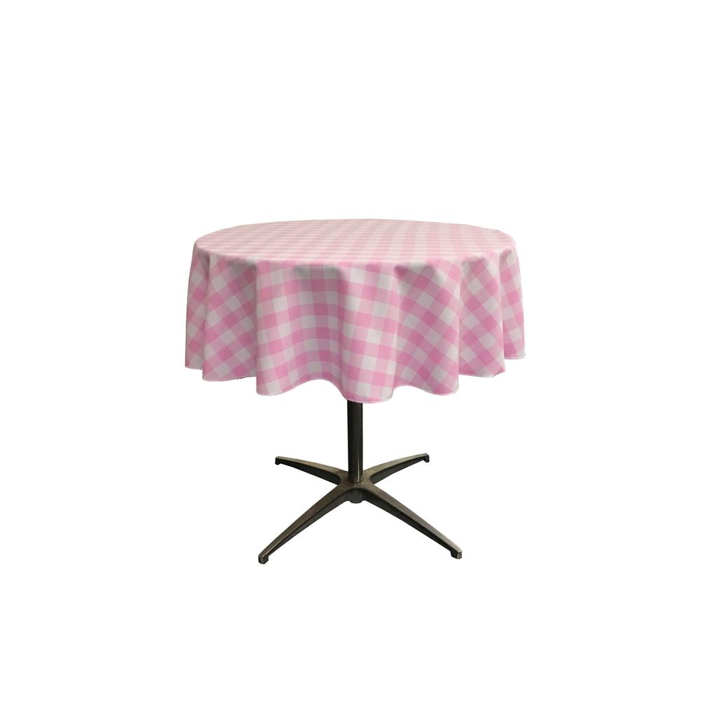 51" White Pink Checkered Polyester Round Tablecloth