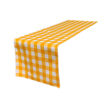 (4 / Pack ) 14 in. x 100 in. White and Dark Yellow Polyester Gingham Checkered Table Runner