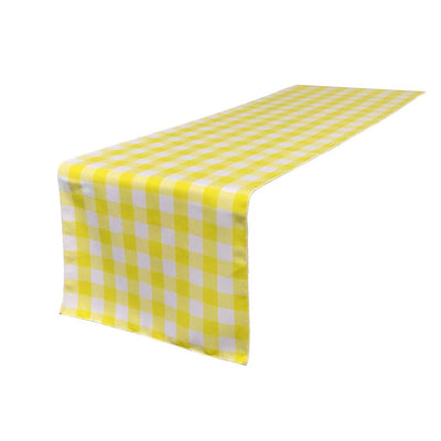 (4 / Pack ) 14 in. x 100 in. White and Light Yellow Polyester Gingham Checkered Table Runner